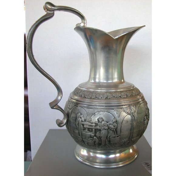 Antique Arzberg Zinn 95% Pewter Embossed Pitcher Jug Vase With Handle - Picture 3 of 15